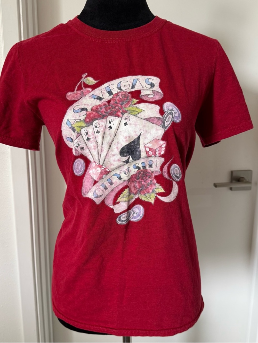 Red Las Vegas Graphic Tee with Playing Cards